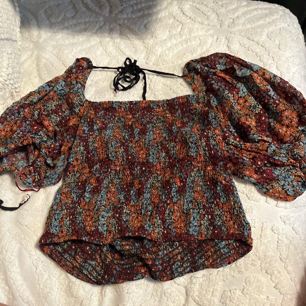 Free People Orange and Black Puff Sleeve Blouse